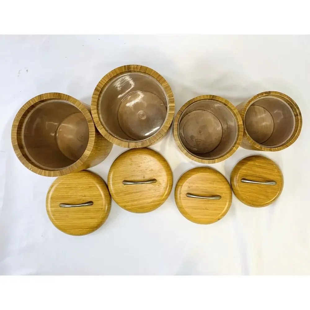 Vtg MCM Wood Bamboo Canister Set Plastic Lined - Set of 4